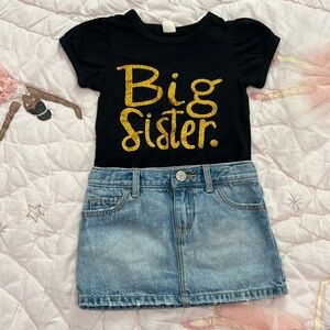 Baby girl big sister shirt and gap jean mini skirt. Size 18-24M